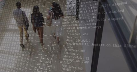 Business travelers walking concourse with digital code overlay double-exposure technology