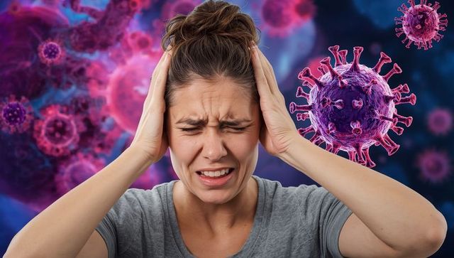 Anxious woman holding head with floating virus particles