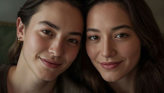 Smiling asian women leaning close wearing knit tops and gold hoop earrings, warm intimate closeup po