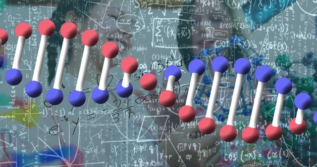 An illustrated DNA strand superimposed over a background filled with scientific equations and calculations. The image emphasizes the connection between genetics and scientific research. Useful for educational content in biology, chemistry, molecular biology, as well as articles on genetic research and technology advancements.