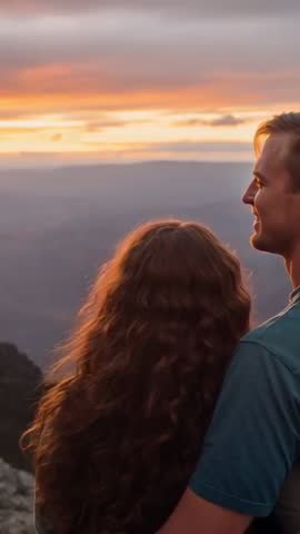 Romantic Couple Watching Sunset from Cliff Ledge over Mountain Ridges Vertical Video