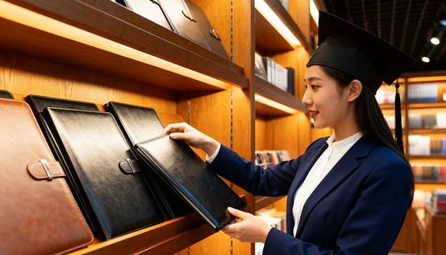Graduate wearing mortarboard browsing black leather portfolio on wooden retail shelves