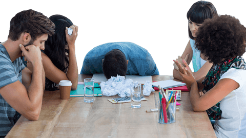 Exhausted Team in Transparent Office Meeting