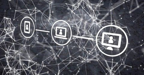 Connecting devices and data nodes forming digital network mesh over textured dark surface