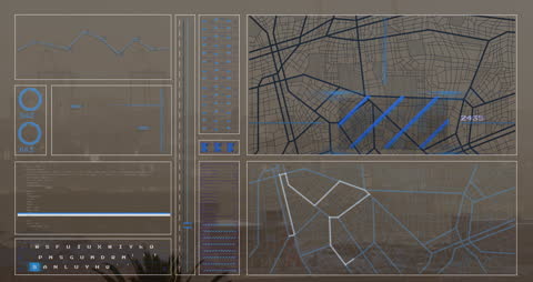 Foggy Urban Landscape with Digital Global Technology Interface