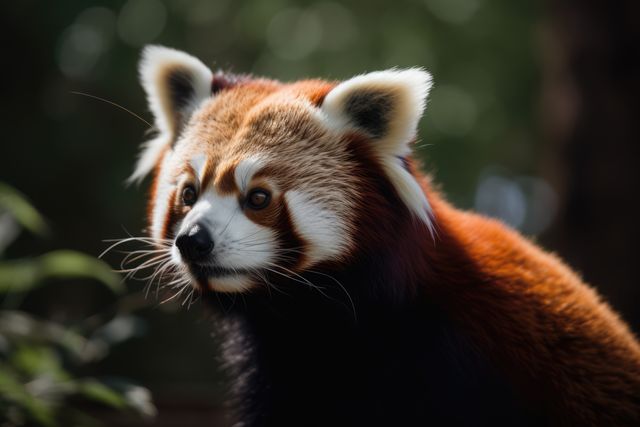 This image showcases a close-up view of a red panda amidst lush greenery, capturing its adorable and furry appearance. Ideal for use in educational materials, wildlife conservation campaigns, nature-themed articles, and zoo promotions, this image highlights the beauty and uniqueness of this exotic and critically endangered animal.