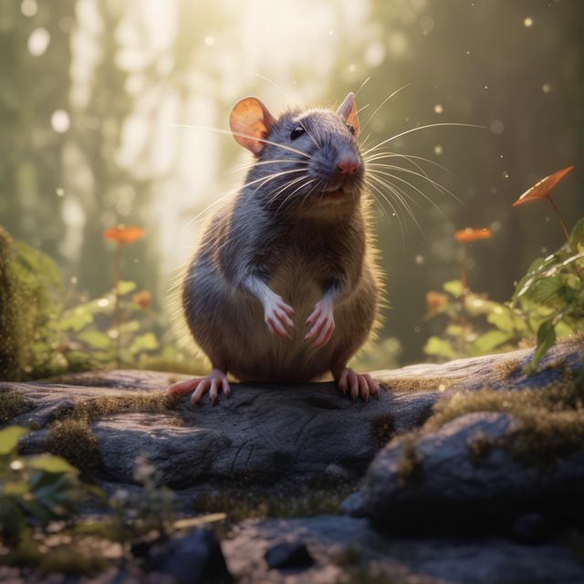 Cute curious rat standing on a rock in a sunlit forest. Surrounded by woodland plants and warm light, this image captures the small rodent engaging with its tranquil surroundings. Perfect for use in wildlife conservation campaigns, nature-themed blogs, or educational materials about forest ecosystems.