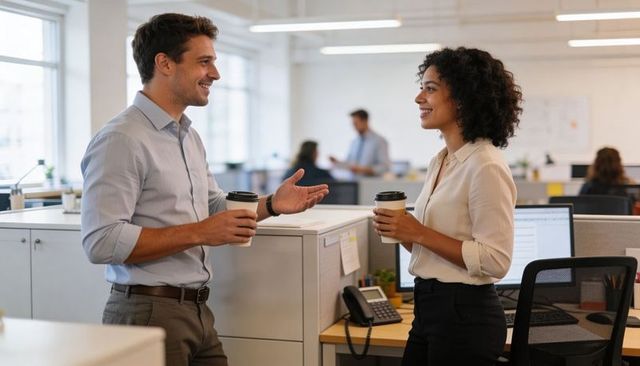 Colleagues Chatting Over Coffee at Office Partition in Open-Plan Workspace