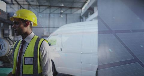 Industrial Site Inspector Wearing Hard Hat and High Visibility Vest Inspecting Van