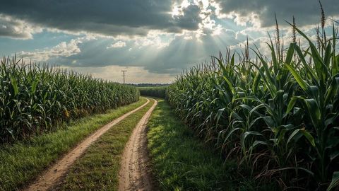 Winding nebraska dirt road through cornfields under dramatic sky