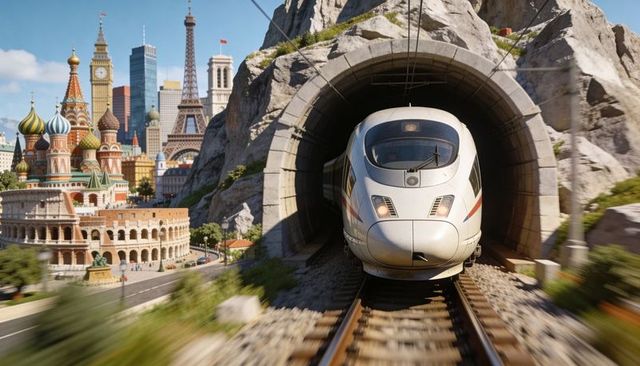High-speed train emerging from mountain tunnel past iconic global landmarks