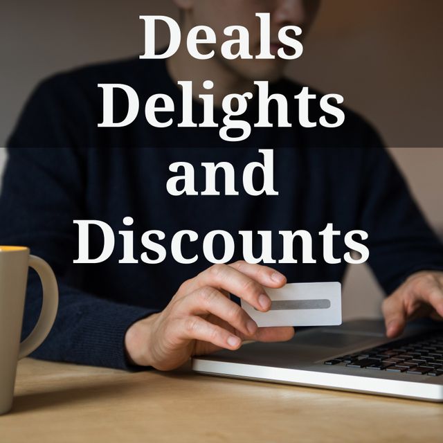 Deals, delighta and discounts text over caucasian man using laptop and credit card shopping online. Cyber monday, online shopping and sale promotion concept digitally generated image.