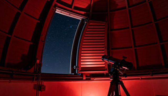 Telescope pointing through open observatory dome at starry night sky with red lighting