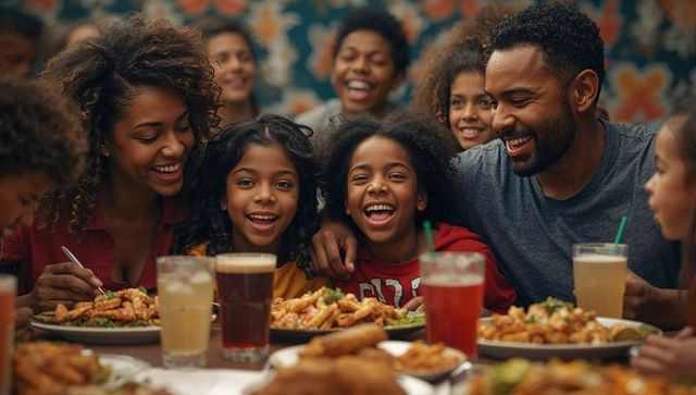 Happy Family Celebrating with Dinner and Drinks at Restaurant