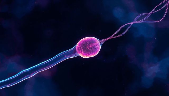 Gliding neon sperm cell with glowing head and trailing flagellum, fertility concept