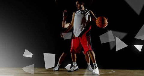 Dynamically Dribbling Basketball Player on Court with Abstract Lighting
