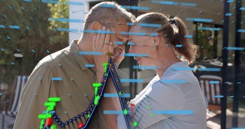 Mature couple pressing foreheads on sunlit patio with data chart overlay conveying trust