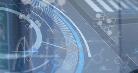 Futuristic high-tech interface with digital overlays and hexagonal grids