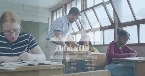 Teacher leaning assisting student writing notebook in sunlit classroom with hud data overlay