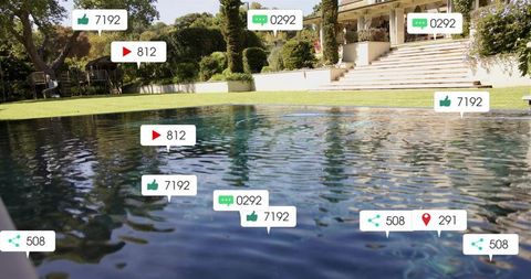 Luxury backyard pool reflecting sunlight with floating social media engagement overlays