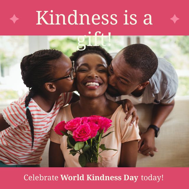 An African American family celebrating World Kindness Day, with two children giving flowers and kissing their mother. This is a heartwarming scene that emphasizes kindness, love, and joy. Ideal for use in social media posts, greeting cards, and campaigns focusing on family, love, and the spirit of World Kindness Day.