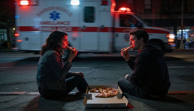 Couple eating pizza sitting on street at night with passing ambulance lights