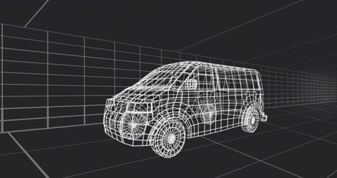 Wireframe cargo van rotating on digital 3d grid