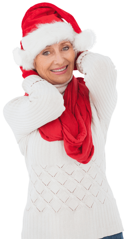 Smiling Senior Woman Wearing Santa Hat on Transparent Background