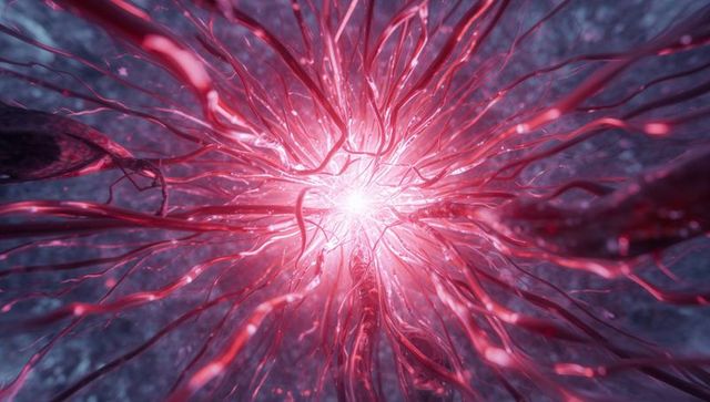 Neural network glowing synapse converging filaments radiating luminous core