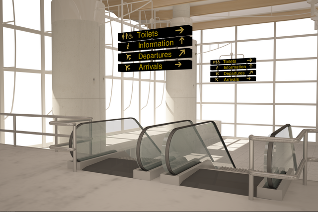 Transparent Airport Interior with Escalators and Signage for Travel Directions - Download Free Stock Videos Pikwizard.com