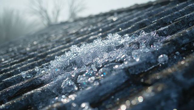 Melting Ice Crystals on Rooftop Shingles in Morning Light