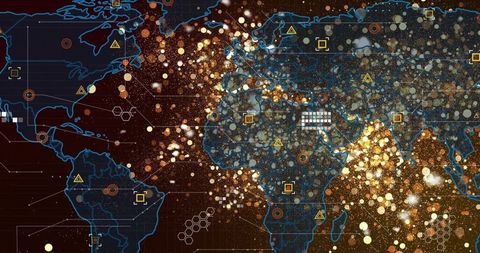 Futuristic Digital Map with Glowing Data Points and Network Visualization