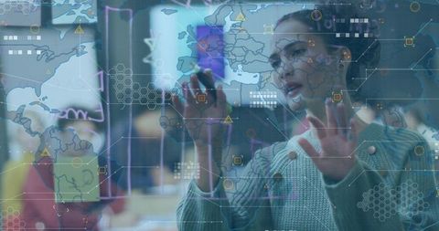 Innovative woman interacts with holographic world map display