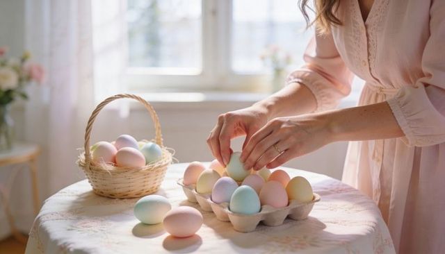 Sunlit hands arranging pastel easter eggs in carton and wicker basket on vintage table