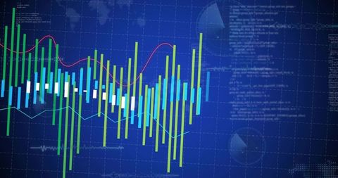 Displaying colorful candlestick chart with red and cyan trend lines on blue financial dashboard