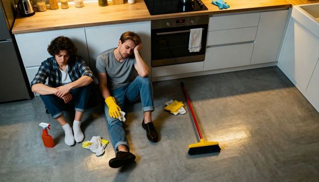 Exhausted couple sitting on kitchen floor after cleaning chores