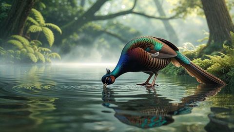 Vibrant peafowl bird animal drinking from misty forest pool