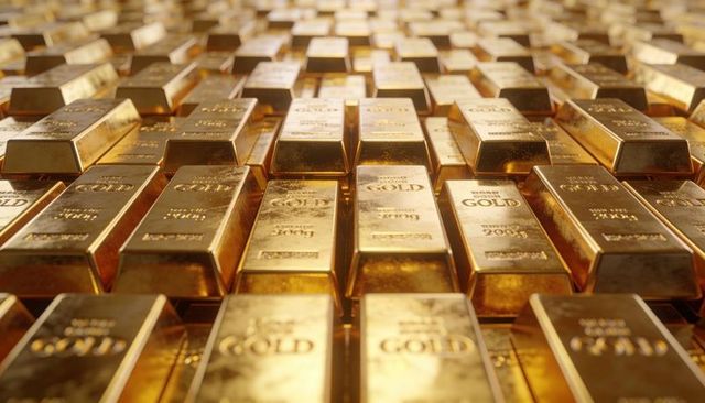 Stacked gold bars shining under warm light, reflective bullion rows filling vault