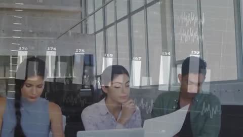 Business team analyzing interactive data visualization during modern office analytics meeting