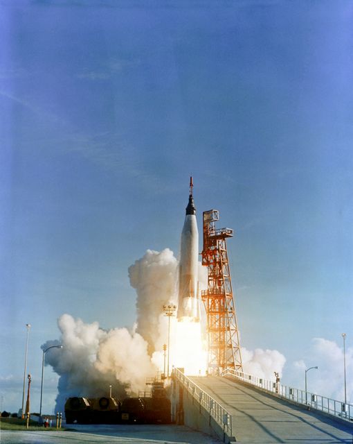 S62-07872 (3 Oct. 1962) --- Launch of the Mercury-Atlas 8 (MA-8) "Sigma 7" mission, carrying astronaut Walter M. Schirra Jr., pilot of the Earth-orbital spaceflight. Photo credit: NASA