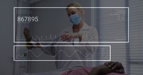 Female clinician lifting patient leg for physical assessment with digital hud overlay