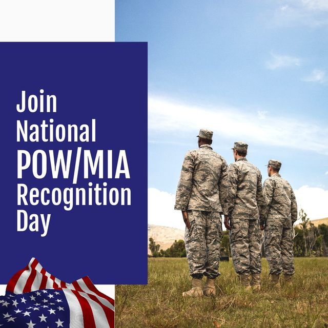Image features three soldiers in uniform standing in a line with a field and mountains in the background, complemented by an American flag and call-to-action text promoting National POW/MIA Recognition Day. Ideal for patriotic events, veteran appreciation, military service recognition promotions, and social media posts acknowledging POW/MIA Recognition Day.
