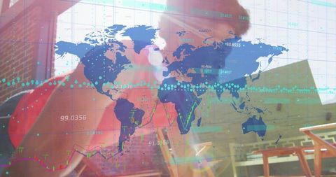 Global Data Analytics Overlay Showing World Map and Financial Charts with Remote Worker