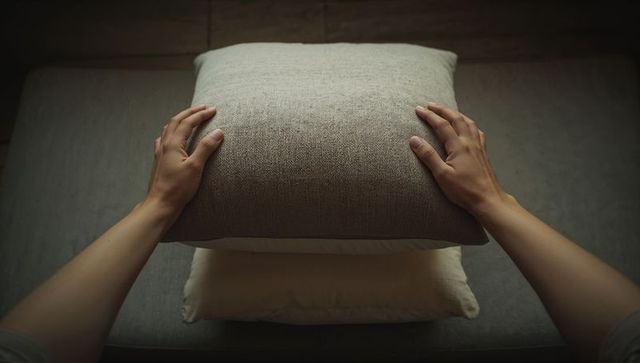 Hands placing textured beige cushion on neutral pillow layered on dark sofa seat