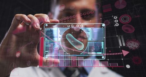 Doctor analyzing covid-19 data on futuristic transparent screen