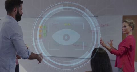 Colleagues Discussing Security Concept with High-Tech Overlay