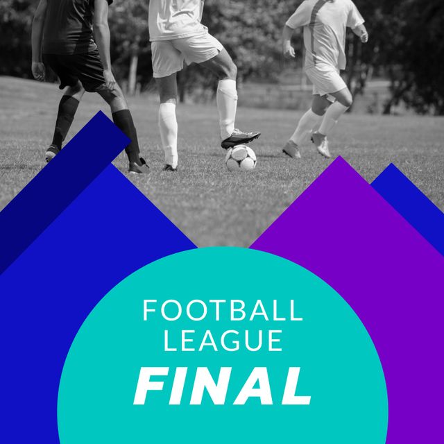 Perfect for promoting football league finals, sports events, or competitions. Features diverse players, emphasizing teamwork and diversity in sports. Ideal for poster designs, social media posts, and event invitations.