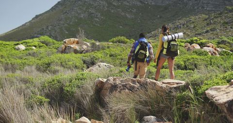 Hikers Exploring Scenic Mountainous Landscape on Sunny Day