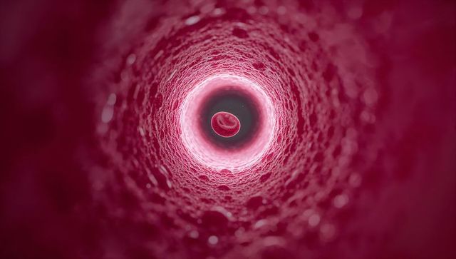 Single red blood cell traveling through capillary lumen with textured vessel walls