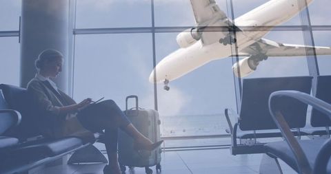 plane soaring over passenger waiting with tablet in airport lounge - Download Free Stock Images Pikwizard.com